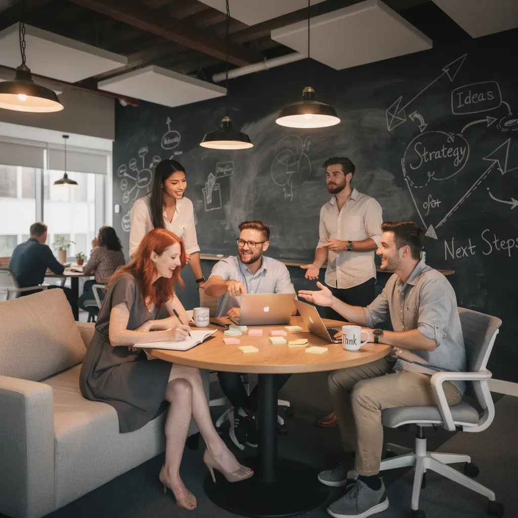 Mugav kontorilaud, mis on varustatud ergonomiliste toolidega ja tõhusate akustiliste lahendustega.